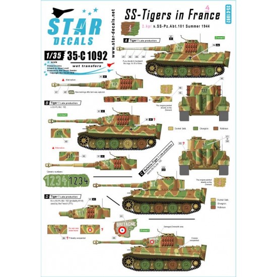 Decals for 1/35 SS-Tigers in France Vol.4 - 2.Kompanie s.SS PzAbt 102 Normandy 1944 Decals for 1/35 SS-Tigers in France Vol.4 - 2.Kompanie s.SS PzAbt 102 Normandy 1944