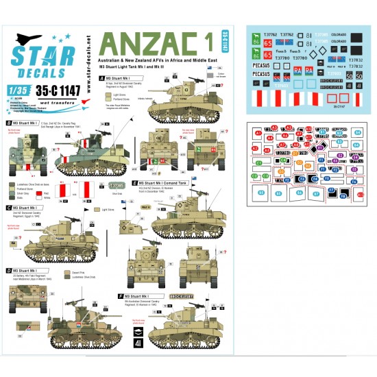 Decals for 1/35 ANZAC #1 - Australian & NZ AFVs M3 Stuart Light Tanks in Mid-East & Africa Decals for 1/35 ANZAC #1 - Australian & NZ AFVs M3 Stuart Light Tanks in Mid-East & Africa