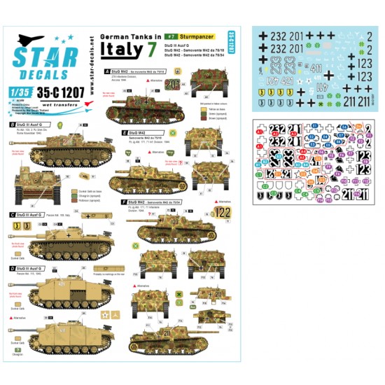 Decals for 1/35 German Tanks in Italy #7. StuG III G, Semovente M42 da 75/18, da 75/34 Decals for 1/35 German Tanks in Italy #7. StuG III G, Semovente M42 da 75/18, da 75/34