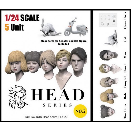 1/24 Head Series #2 (5 Heads w/VINO scooter clear parts & Cat) for Tamiya kits 1/24 Head Series #2 (5 Heads w/VINO scooter clear parts & Cat) for Tamiya kits