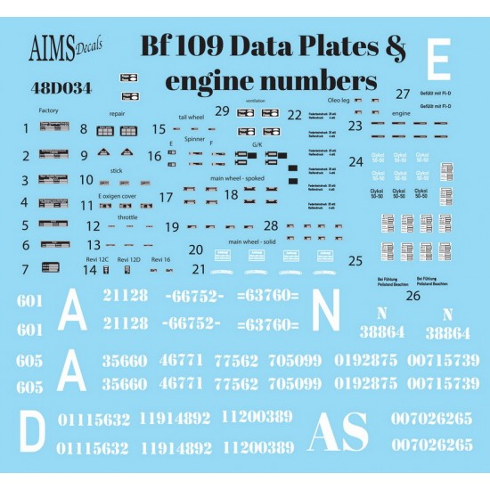 Decals for 1/48 Messerschmitt Bf 109 Data Plates and Engine Numbers