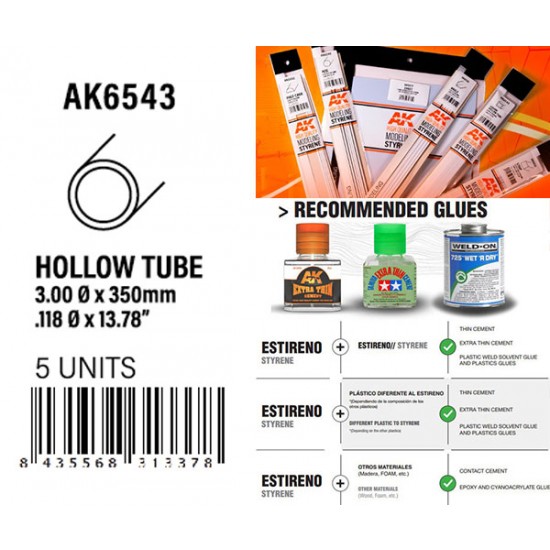 Styrene Hollow Tube 3.00dx350mm, W.T. 0.7mm (5pcs)