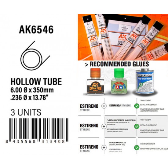 Styrene Hollow Tube 6.00dx350mm, W.T. 0.7mm (3pcs)
