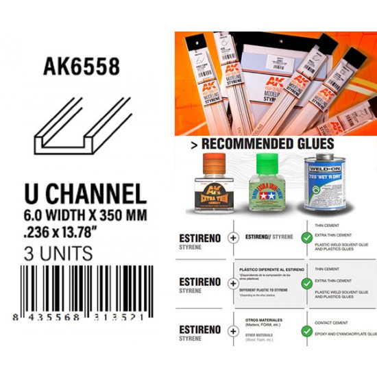 Styrene U Channel 6.0 width x 350mm (3pcs)