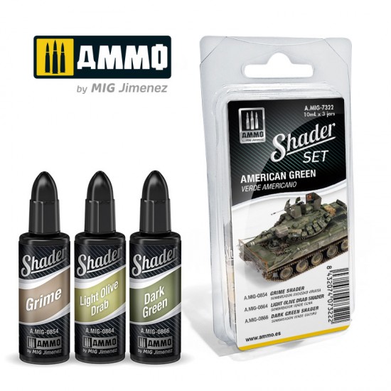 AMMO Shaders Acrylic Paints set - American Green (3 colours in 10mL jars)