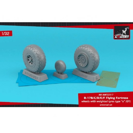 1/32 B-17B/C/D/E/F Flying Fortress Wheels w/Weighted Tyres Type A (GY) & PE Hubcaps