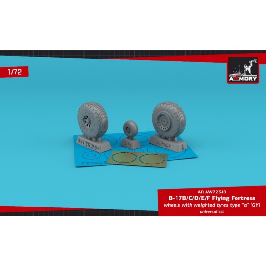 1/72 B-17B/C/D/E/F Flying Fortress Wheels w/Weighted Tyres Type A (GY) & PE Hubcaps