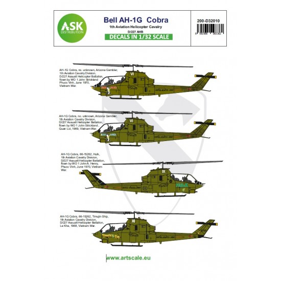 Decals for 1/32 Bell AH-1G Cobra 1th Aviation Helicopter Cavalry D/227 AHB