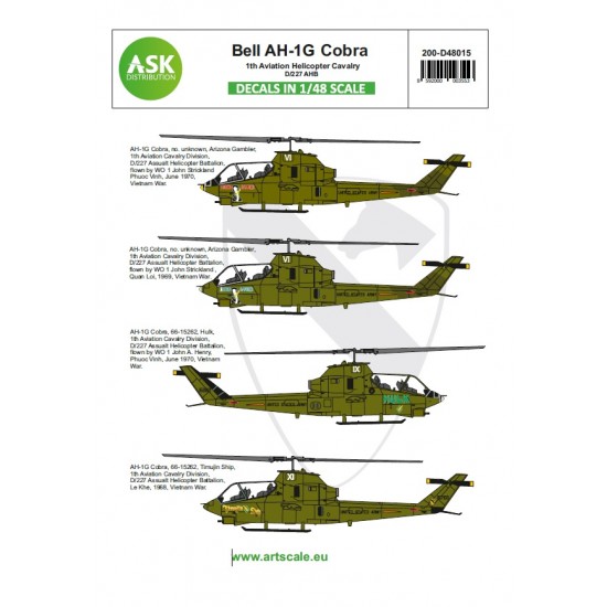 Decals for 1/48 Bell AH-1G Cobra 1th Aviation Helicopter Cavalery D/227 AHB part 1