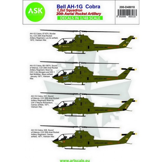 Decals for 1/48 Bell AH-1G Cobra 20th Aerial Rocket artilery part 1