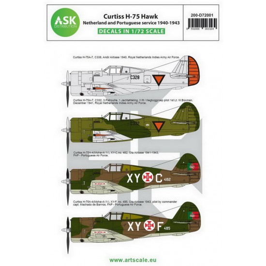 Decals for 1/72 Curtiss H-75 Netherland and Portuguese service 1940-1943