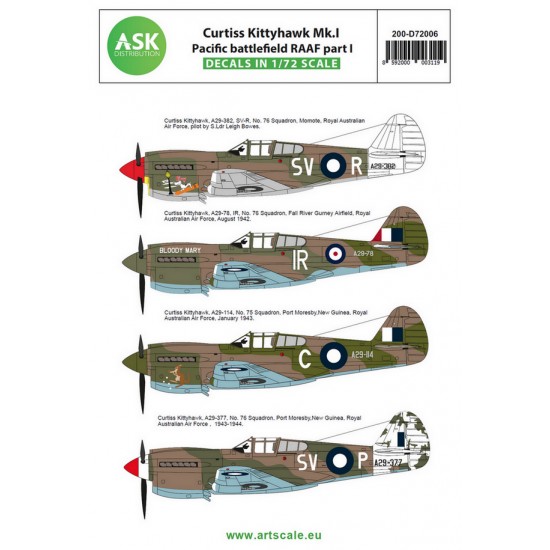 Decals for 1/72 Curtiss Kittyhawk MK.I Pacific Battlefield RAAF 1942-1944 part I