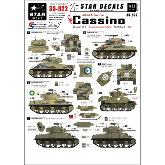 Decals for 1/35 Allied Armour in Cassino: New Zealand(Mk.III)/ Poland(Mk.III)/ USA(M5A1)