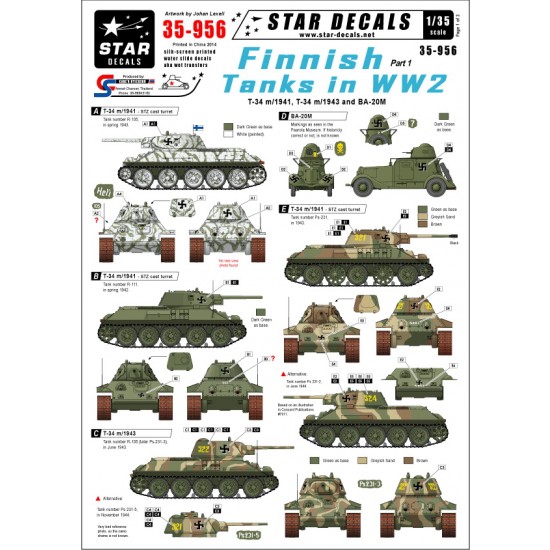 1/35 WWII Finnish Tanks Decals #1 for T-34 m/1941, T-34 m/1943 & BA-20M Armoured Car