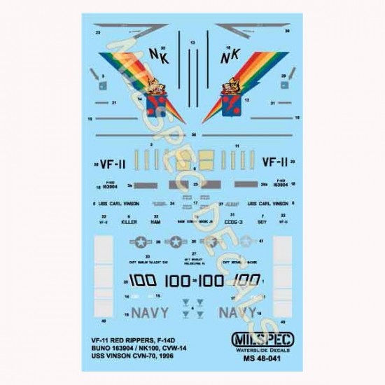 Decals for 1/48 Grumman F-14D VF-11 Red Rippers CVN-70 1996