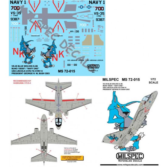 Decals For 1/72 VS-35 Blue Wolves S-3B / Navy One / CVN-72 2003