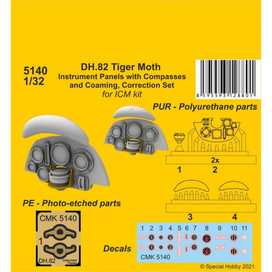 1/32 DH.82 Tiger Moth Instrument Panels w/Compasses & Coaming, Correction Set for ICM