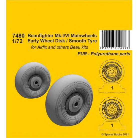 1/72 Beaufighter Mk.I/VI Mainwheels Early Wheel Hub / Smooth Tyre for Airfix kits