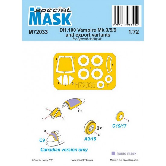 1/72 DH.100 Vampire Mk.3/5/9 & Export Variants Paint Masking for Special Hobby kits