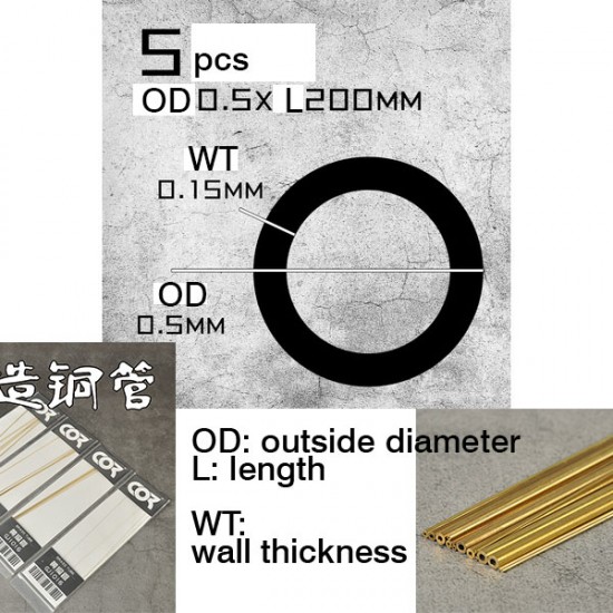 Round Brass Tube - OD: 0.5mm, WT: 0.15mm, L: 200mm (5pcs)