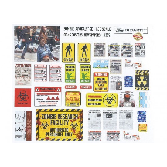 1/35 Future Zombie Apocalypse Signs, Poster, Newspapers (full colour, 2 sheets)