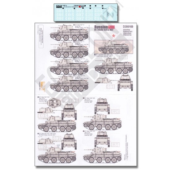 Decals for 1/35 Russian BT-7 Model 1935 & 1937 34th Tank Division & 1st Motorized Division
