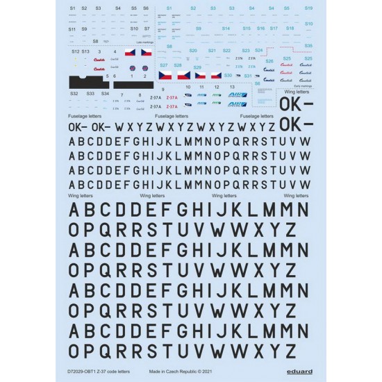 1/72 Zlin Z-37 Cmelak Stencils, Code Letters & Labels Decals for Eduard kits