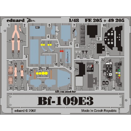 Colour Photoetch for 1/48 Messerschmitt Bf 109E-3 for Tamiya kit