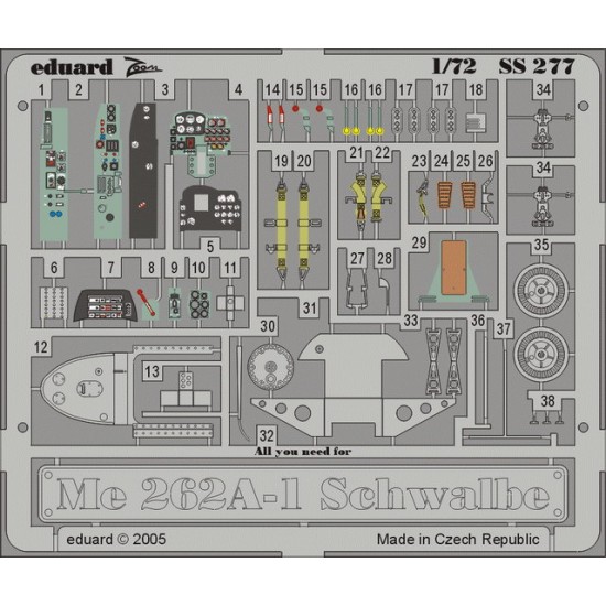 Colour Photoetch for 1/72 Messerschmitt Me 262A-1 Schwalbe for Hasegawa kit