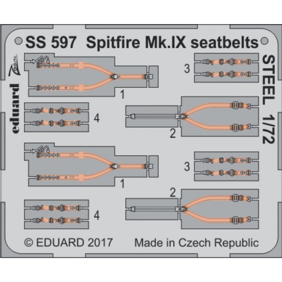 1/72 Supermarine Spitfire Mk.IX Seatbelts for Eduard kit (Steel, 1 Photo-Etched Sheet)