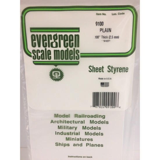 Plain Opaque White Polystyrene Sheet 0.100''/2.5mm (1pc) Evergreen 9100
