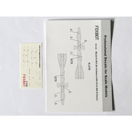 1/72 Soviet MiG-29 Missile R-27R/T (AA-10 Alamo) and APU-470 Stencils Decals