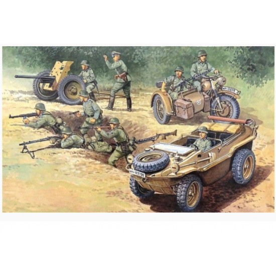 1/76 (SW16) Schwimm Wagen - Military Vehicle, Sidecar, Anti-tank Gun & 9 Soldiers