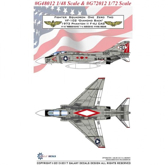 Decals for 1/48 McDonnell Douglas F-4J Phantom II VF-102 Diamond Back 1973