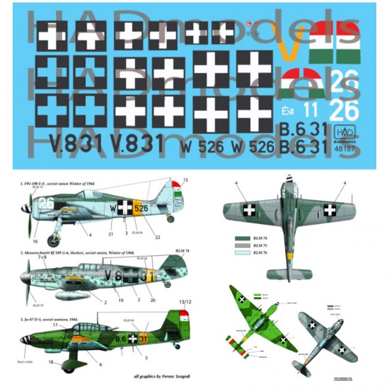 Decals for 1/48 FW-190 F-8, Bf-109 G-6 & Ju-87 D-5  (V831, B631 Evi & W526)