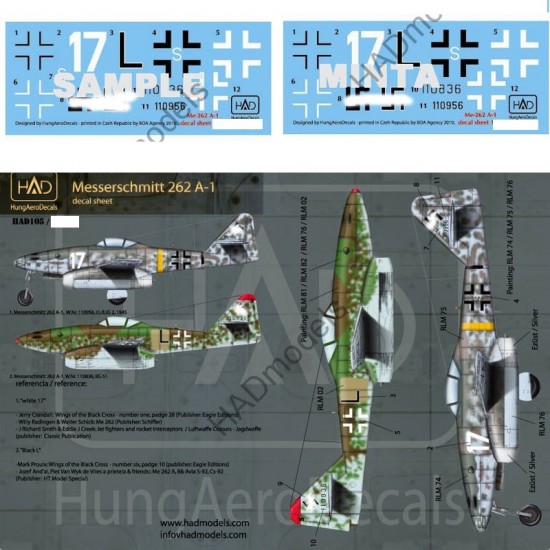 Decals for 1/72 Messerschmitt Me 262 A-1 (Luftwaffe black L, white 17)