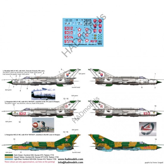 Decals for 1/72 MiG-21MF (Slovak 2615, Hungarian Air Force 9312/9514 Kivalo)