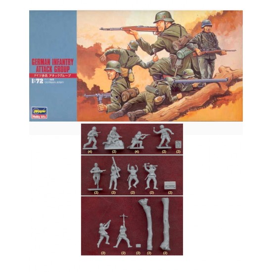Hasegawa HAS MT30 German Infantry Attack – Plastikmodellbausatz Mit Figuren, Waffen & Baumstämmen