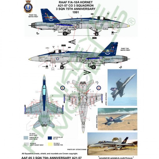 RAAF Decals for 1/48 McDonnell Douglas F/A-18A Hornet 3 SQN (75th Anniv 1992) A21-57