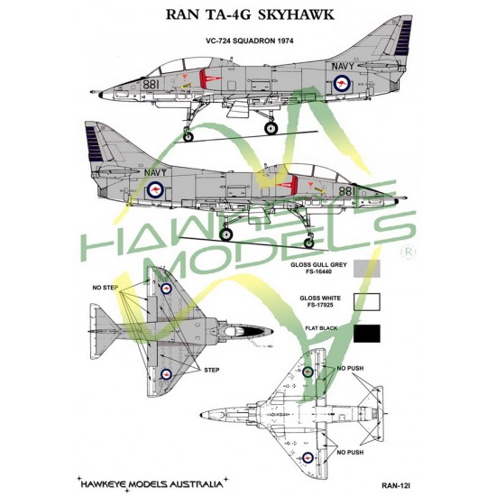 Royal Australian Navy Decal for 1/48 TA-4G Skyhawk VC-724 SQN 1974 (Blue & yellow rudder)