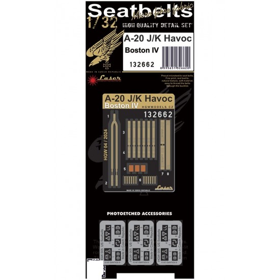 HGW 1/32 scale A20 J/K Havoc (Boston IV) aircraft textile seatbelts - 132662 HGW 1/32 scale A20 J/K Havoc (Boston IV) aircraft textile seatbelts - 132662