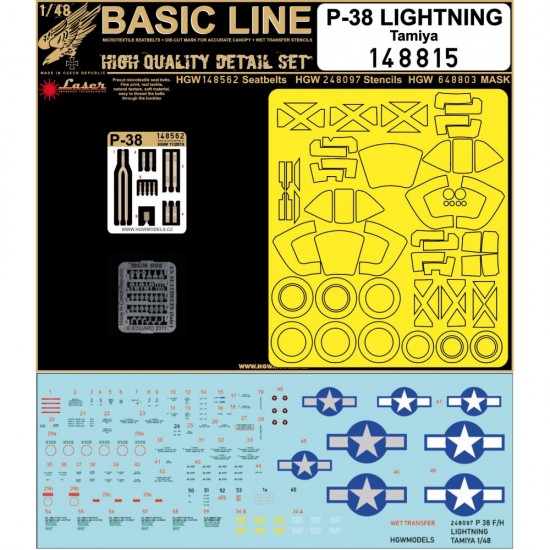 1/48 P-38 Lightning Seatbelts, Masking & Stencils Decals for Tamiya kits