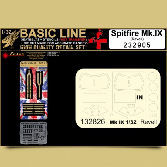 1/32 RAF Spitfire Mk.IX Seatbelts (Laser Cut), Paint Masks & Stencils for Revell Kit (Basic Line Plus)