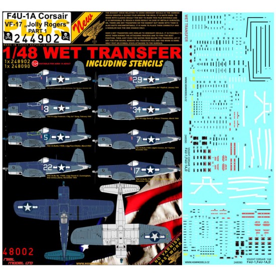 Decals for 1/48 Vought F4U-1A Corsair VF-17 "Jolly Rogers" Part. 1 (wet transfer)