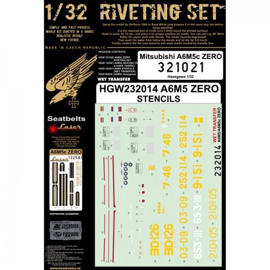 1/32 Mitsubishi A6M5c Zero Super Riveting Set for Hasegawa kit