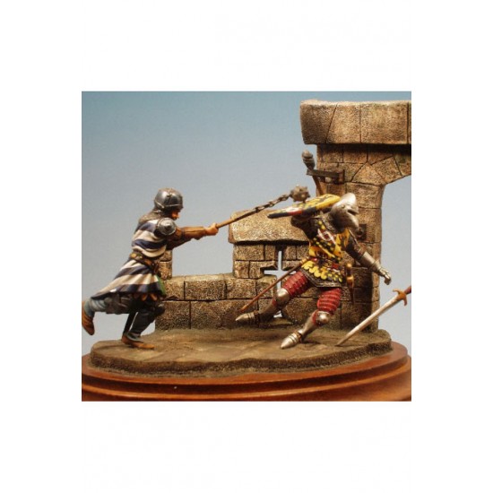 54mm Scale Medieval Knights Fighting in Castle, XVI C (2 metal figures)