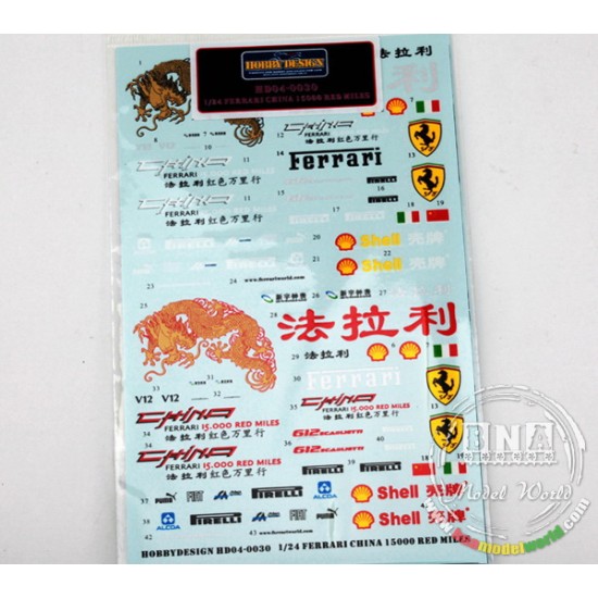 Decals for 1/24 Ferrari China 15000 Red Miles 