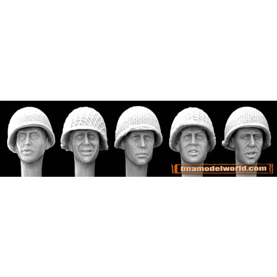1/35 5x Heads with US M1 Helmets with Netting (used by many nations)