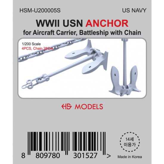 1/200 WWII USN ANCHOR (4pcs) for Aircraft Carrier, Battleship w/28cm Chain