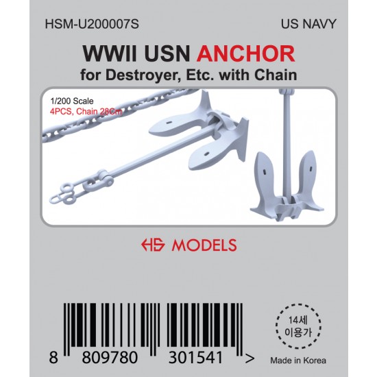 1/200 WWII USN ANCHOR (4pcs) for Destroyer, Etc. w/28cm Chain